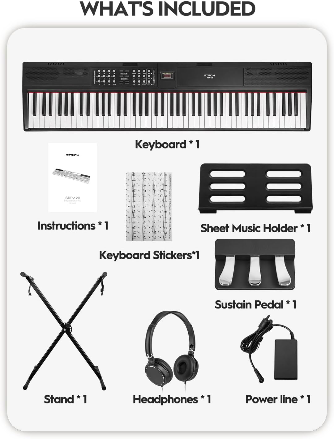 STRICH 88 Keys Weighted Keyboard with Sustain Pedal, Hammer-Action Digital Piano, 2x15W Built-In Speakers, Full-size Electric Piano Keyboard Supports USB-MIDI/Wireless Connect, White, SDP-120