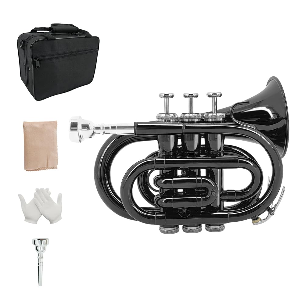 Bb Pocket Trumpet - Brass Pocket Trumpet B Flat Nickel Plated, 7C Mouthpiece, Complete Beginner Kit - Includes Hard Carrying Case, Cleaning Kit, Gloves, golden