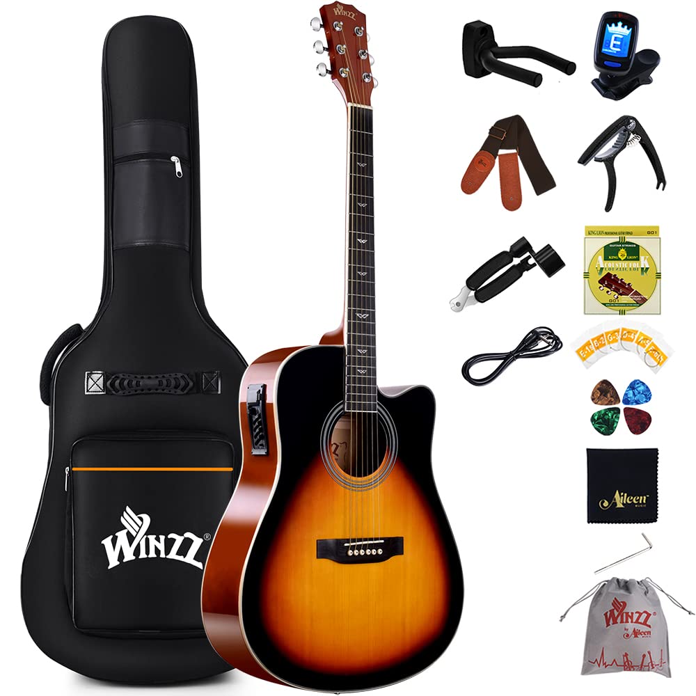 Winzz 4/4 Electro Acoustic Guitar, Left-Handed Western Guitar Set, Adult Beginners, Acoustic Guitar 41 Inch with 4-Band Equaliser (Dreadnought,Glossy Sunburst)