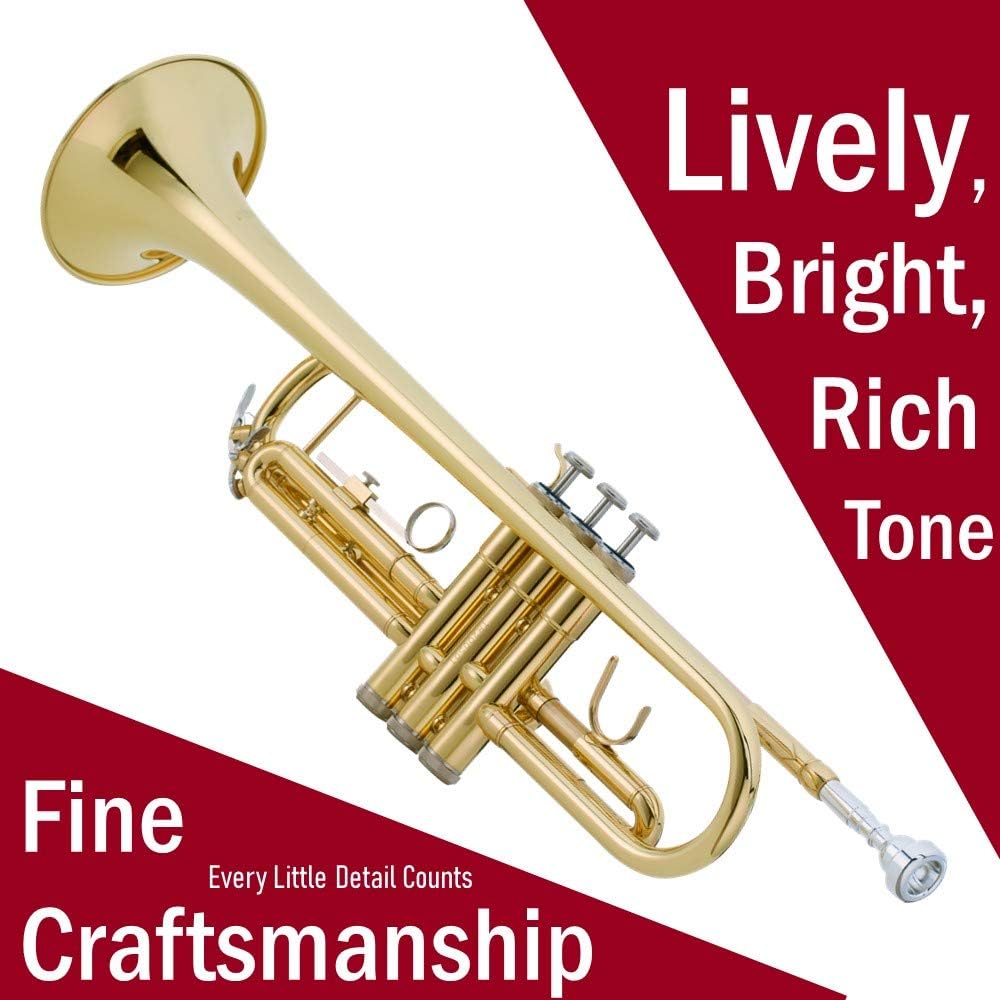 Libretto Gold Lacquer Bb Trumpet Set, Rose Brass Leadpipe | Standard for Beginner & Intermediate Students, Stainless Valve, 7C Mouthpiece, Durable Case, Portable Stand & Maintenance Kit