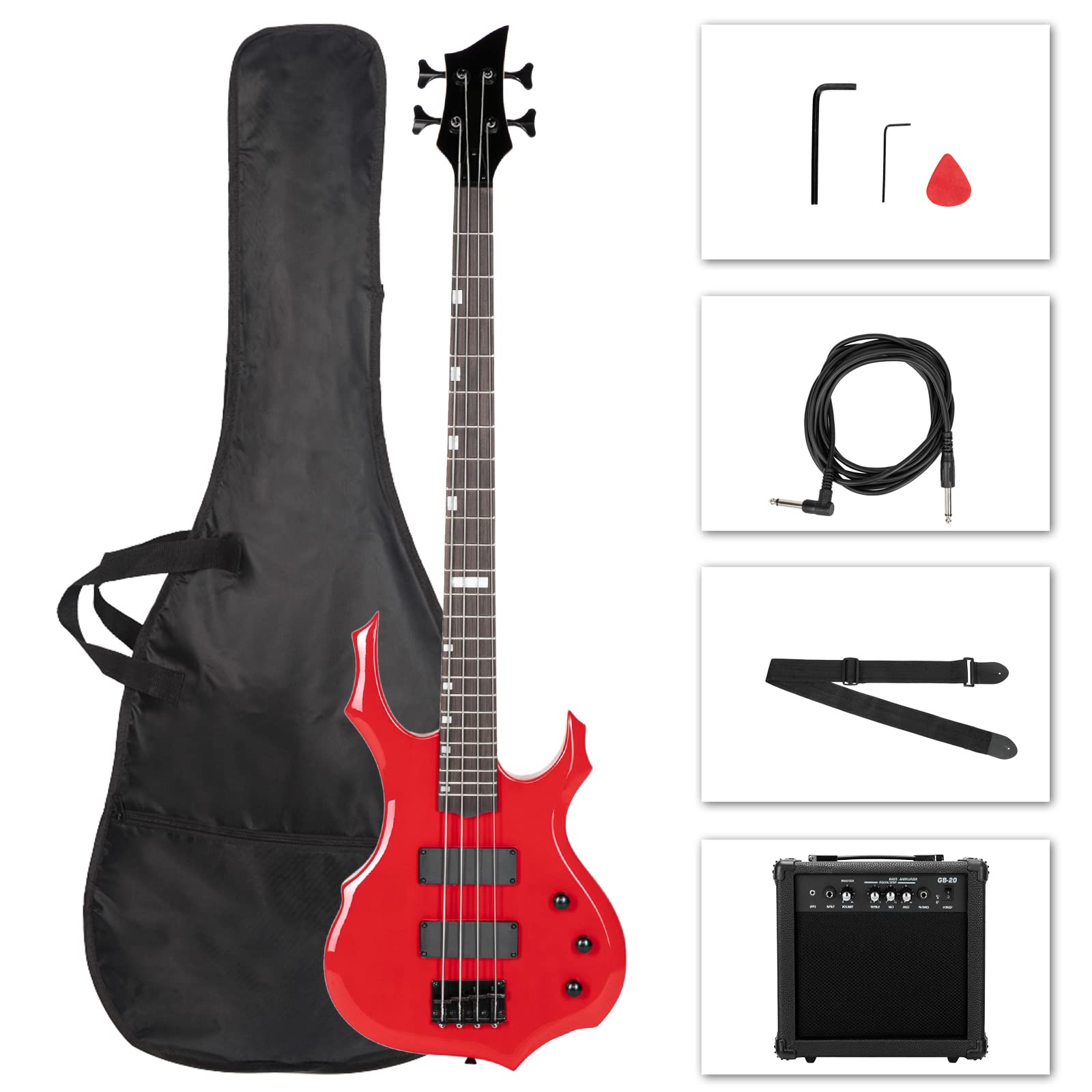 Ktaxon Electric Bass Guitar Full Size Flame Design Bass Set with 20 Watt Amplifier, Portable Bass Bag, Superior Amp Wire, Adjustable Guitar Strap, Plectrum, Wrench Tool(Matte Black)
