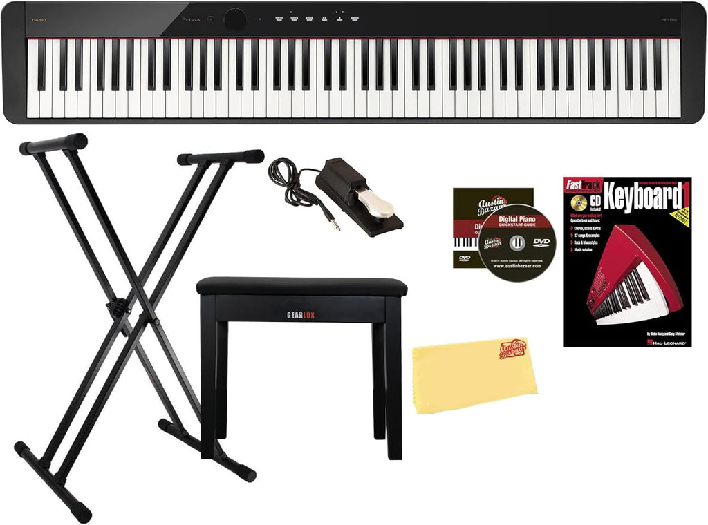 Casio PX-S1100 Privia Digital Piano - Black Bundle with CS-68 Furniture Stand, SP-34 Three Pedal System, Furniture Bench, Instructional Book, Instructional Video, and Austin Bazaar Polishing Cloth