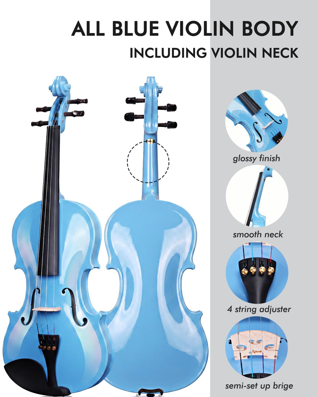 Aileen Violin 4/4 Full Size for Adults Beginners, Black Fiddle Starter Kit for Students Age 12+, including Music Stand, Unique New Fingerboard Sticker, Mute