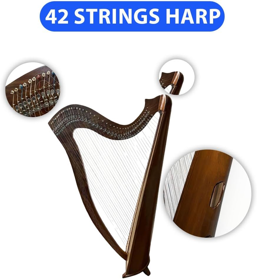 42-String Celtic Irish Style Round Harp – Traditional Wooden Lever Harp with Tuning Key & Extra Strings – Ideal for Beginners, Students & Professional Musicians