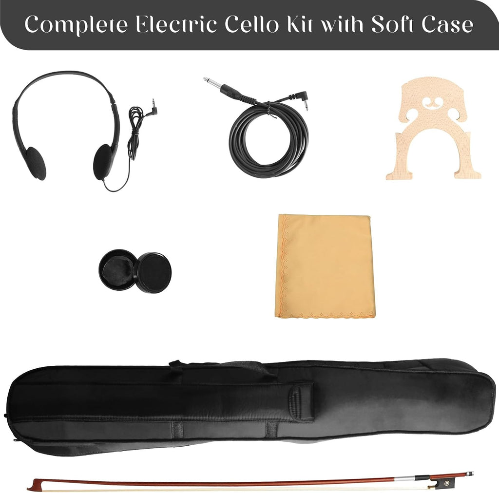 Electric Cello 4/4 Full Size Ebony Fittings with Lightweight Cello Bag, Headphones, Bow, Bridge, Cello for Beginners Adults Student,Metallic Black