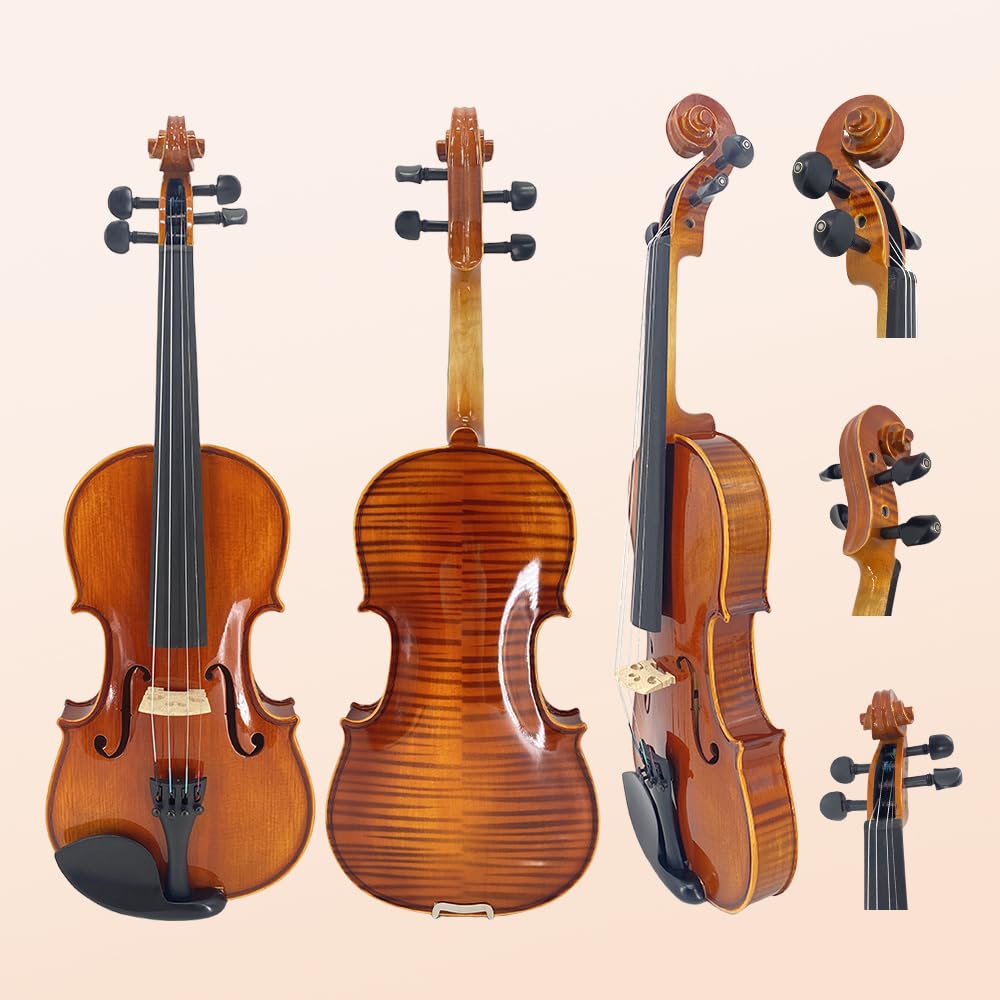 Vetimobato Handmade 4/4 Full Size Violin Set - One-piece Flame Back Maple Neck Solid Wood Fittings Complete Kit with Case Bow Shoulder Rest Strings for Beginners to Intermediate Players (4/4)