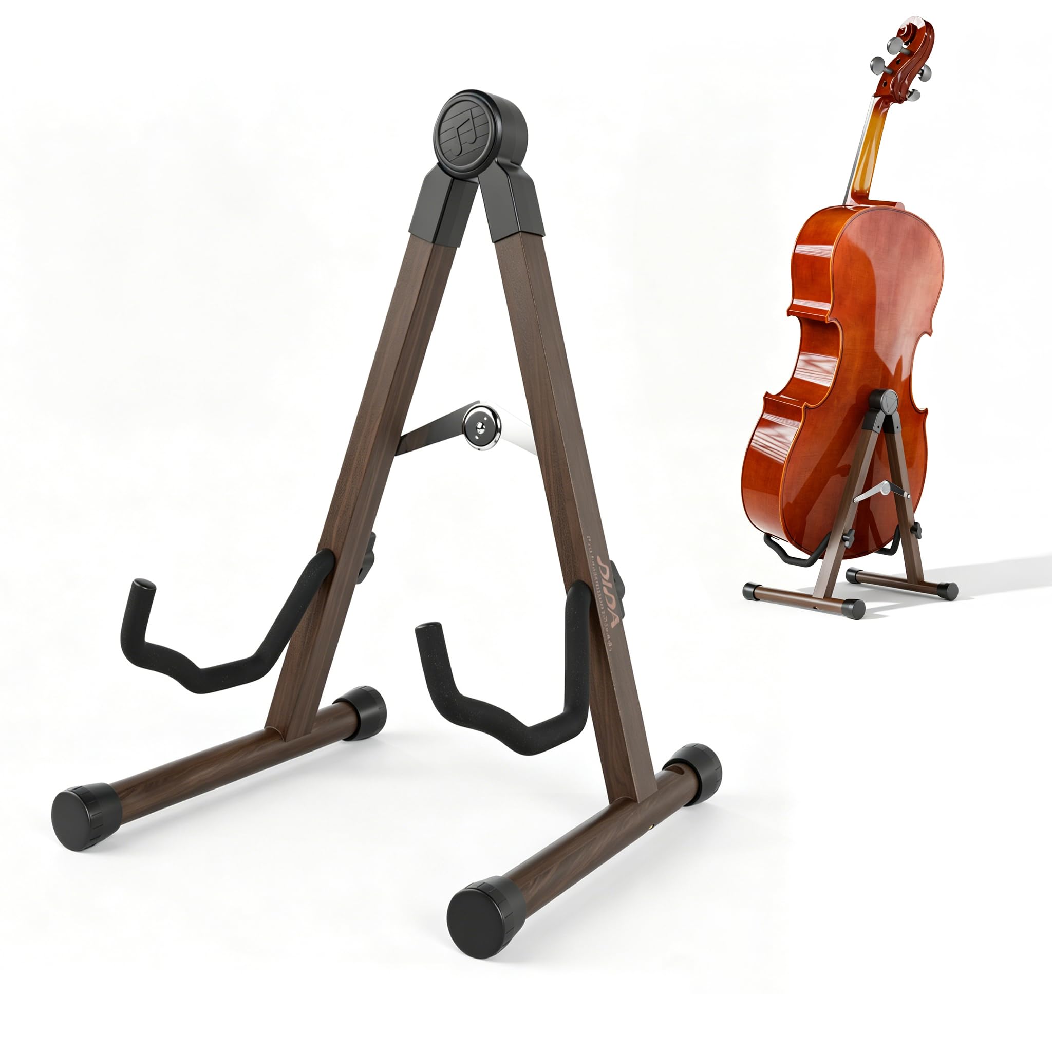 Cello Stand with Bow Holder, Wooden Stand for 1/2, 3/4, 7/8, 4/4 Full-Size, A-Frame Floor Cello Stand with Padded Foam and Non Slip Pad, Cello Display Stand (Black Walnut)