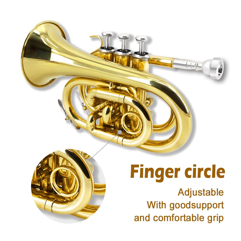 Yinfente Bb Flat Pocket Trumpet Bass Trumpet For Beginner,Student With Cleaning cloth, Silver plated 7C mouthpiece,hard case White gloves (Gold)