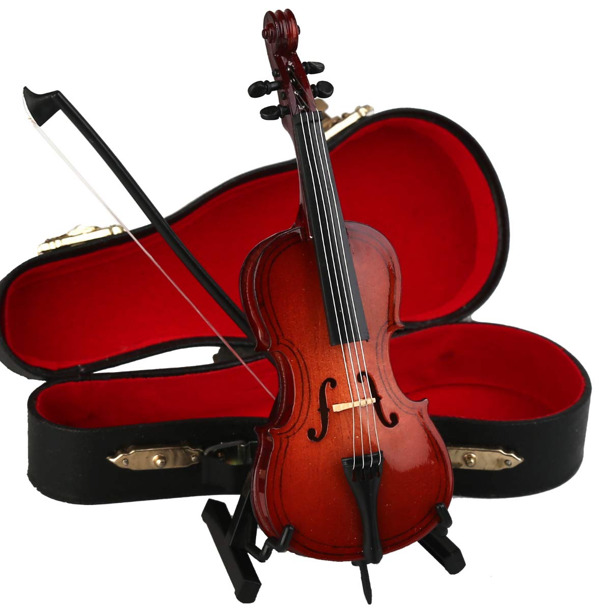 Wooden Miniature Cello with Stand, Bow and Case Mini Musical Instrument Cello Replica Collectible Figurines Dollhouse Accessories Model Home Decoration Display Ornament (5.51"x1.97"x0.63")