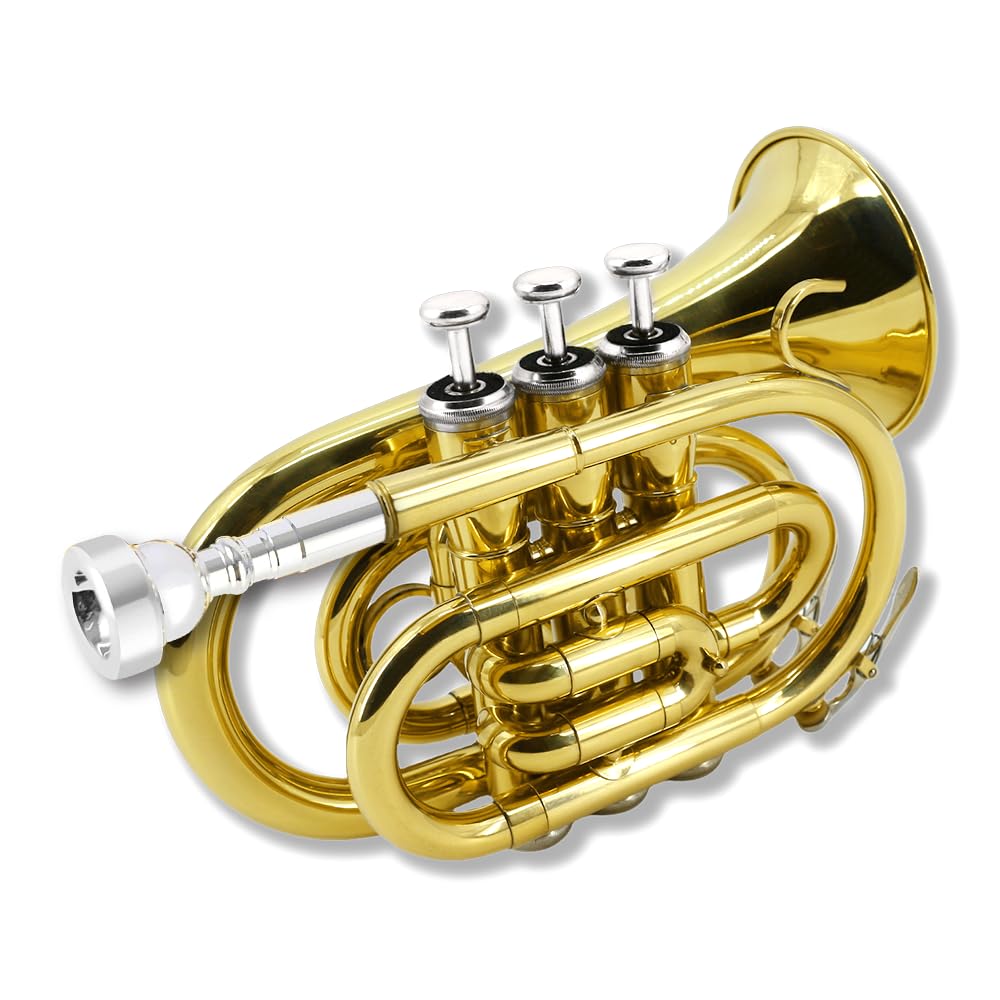 Pocket Trumpet Bb Flat Brass Trumpet for Beginner Student with 7C Mouthpiece Carrying Hard Case Cleaning Cloth Gloves