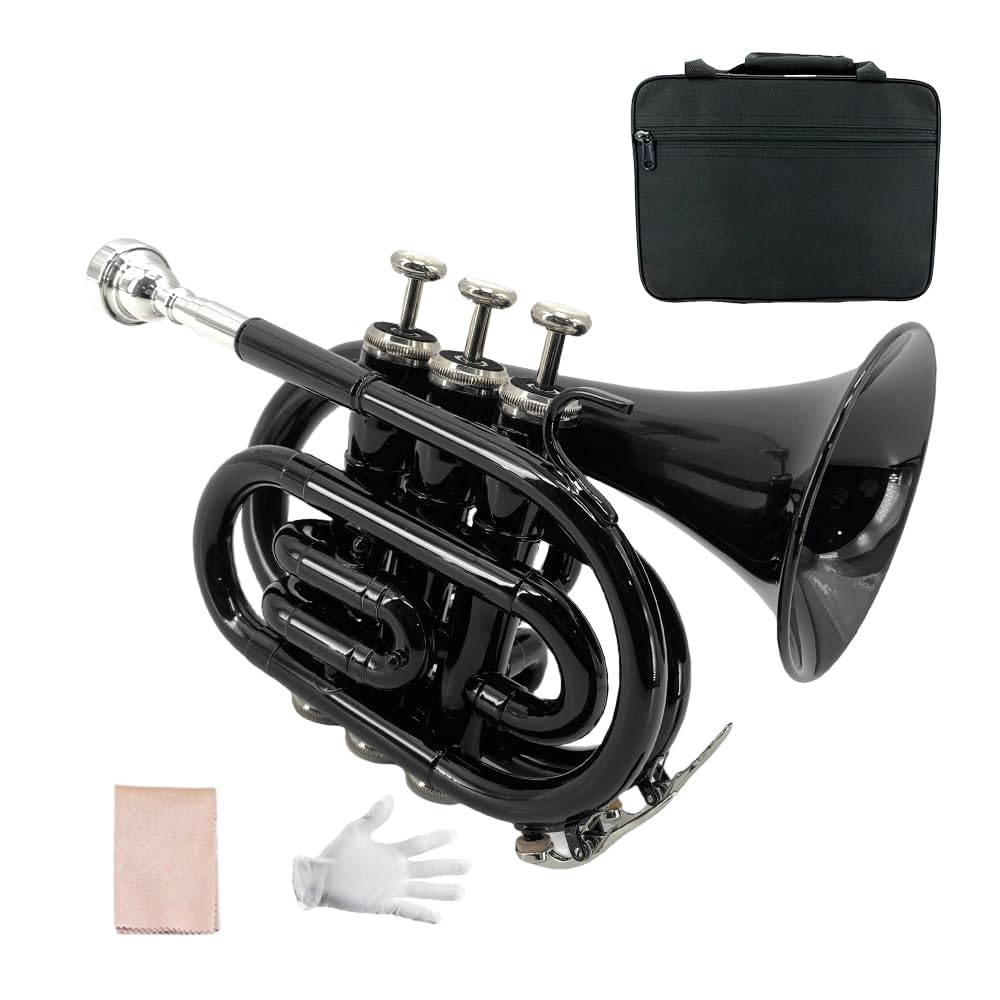 Yinfente Bb Flat Pocket Trumpet Bass Trumpet For Beginner,Student With Cleaning cloth, Silver plated 7C mouthpiece,hard case White gloves (Gold)