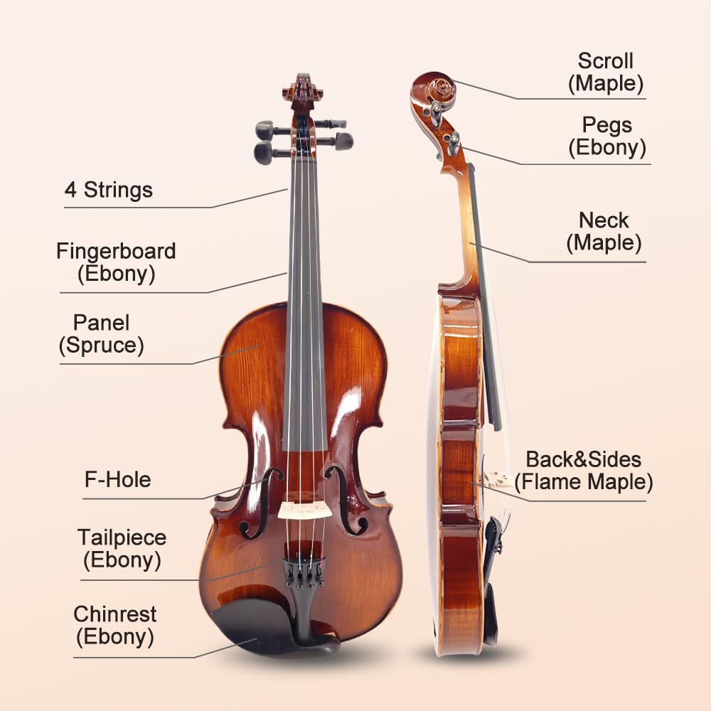 Vetimobato Handmade 4/4 Full Size Violin Set - One-piece Flame Back Maple Neck Solid Wood Fittings Complete Kit with Case Bow Shoulder Rest Strings for Beginners to Intermediate Players (4/4)