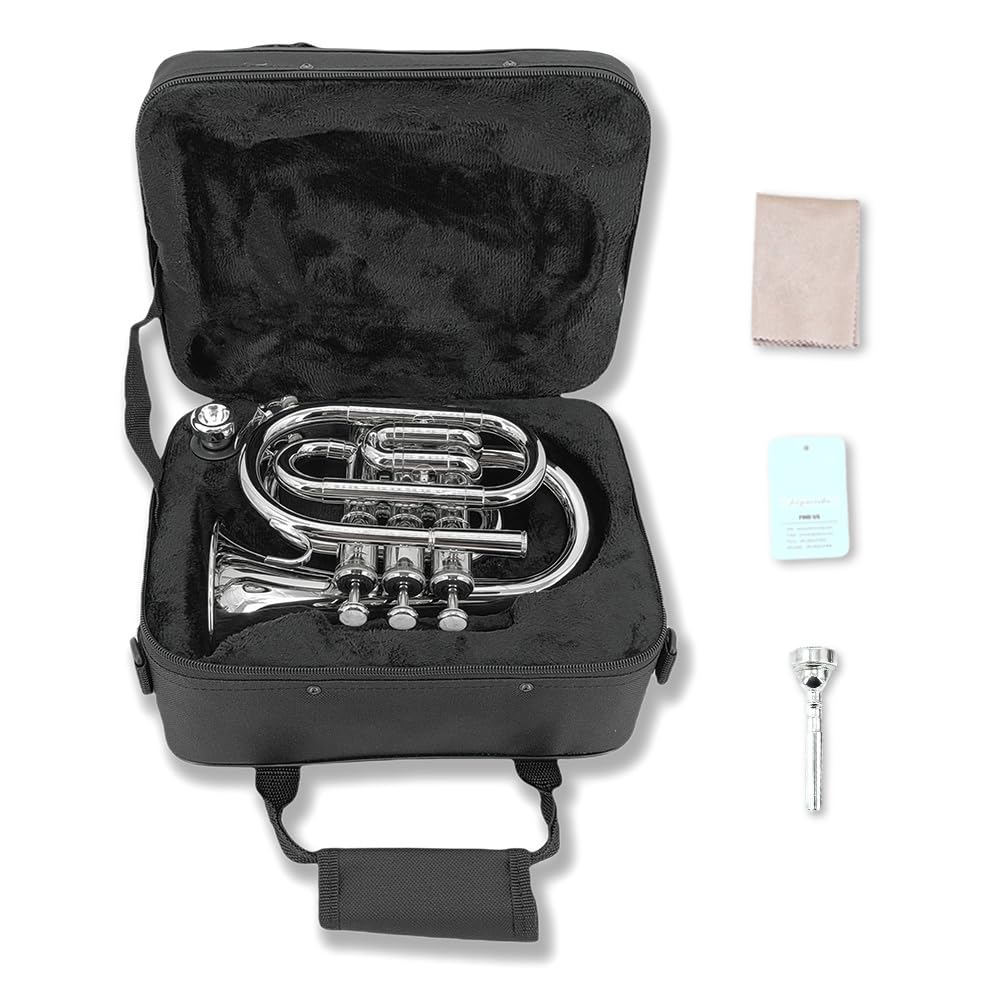 Pocket Trumpet Bb Flat Brass Trumpet for Beginner Student with 7C Mouthpiece Carrying Hard Case Cleaning Cloth Gloves