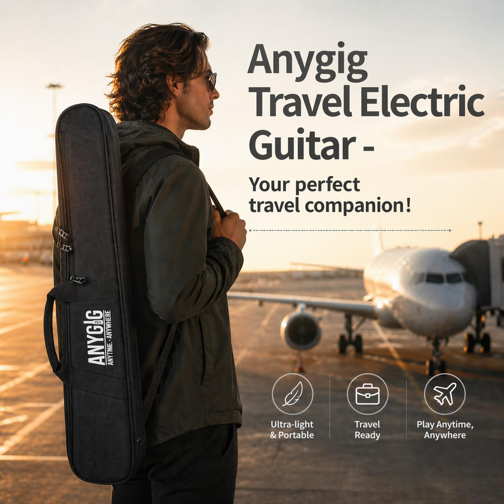 Anygig Travel Electric Guitar Headless – Portable Ultra-Light and Quiet, Full-Scale 25.5” Rosewood Fingerboard, Glow Humbucker, Gig Bag, Removable Stands for Left and Right Black