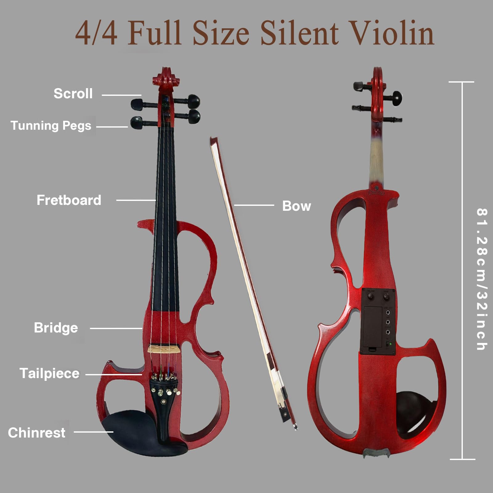 Electric Violin, 4/4 Full Size Solid Silent Fiddle with Ebony Fittings, Silent Electric Violin Kit for Beginner Students (Mahogany)
