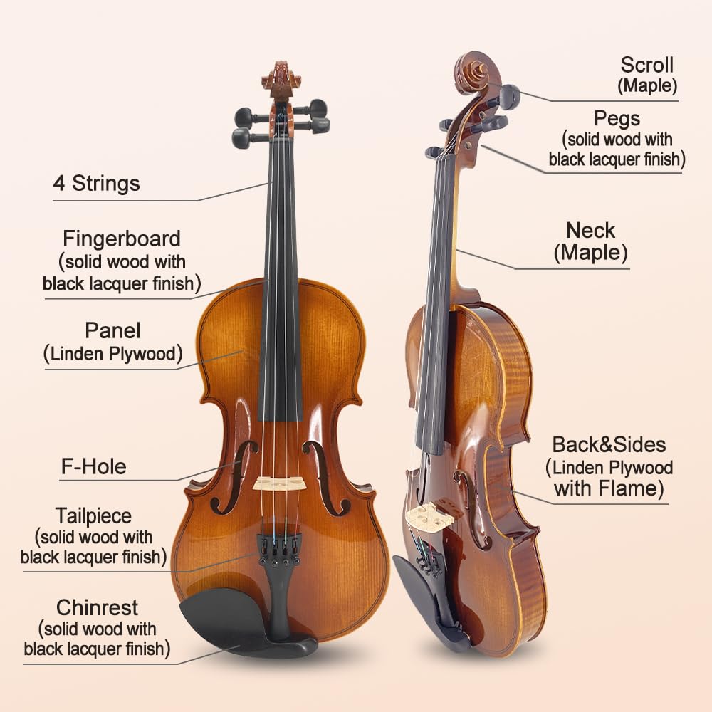 Vetimobato Handmade 4/4 Full Size Violin Set - One-piece Flame Back Maple Neck Solid Wood Fittings Complete Kit with Case Bow Shoulder Rest Strings for Beginners to Intermediate Players (4/4)