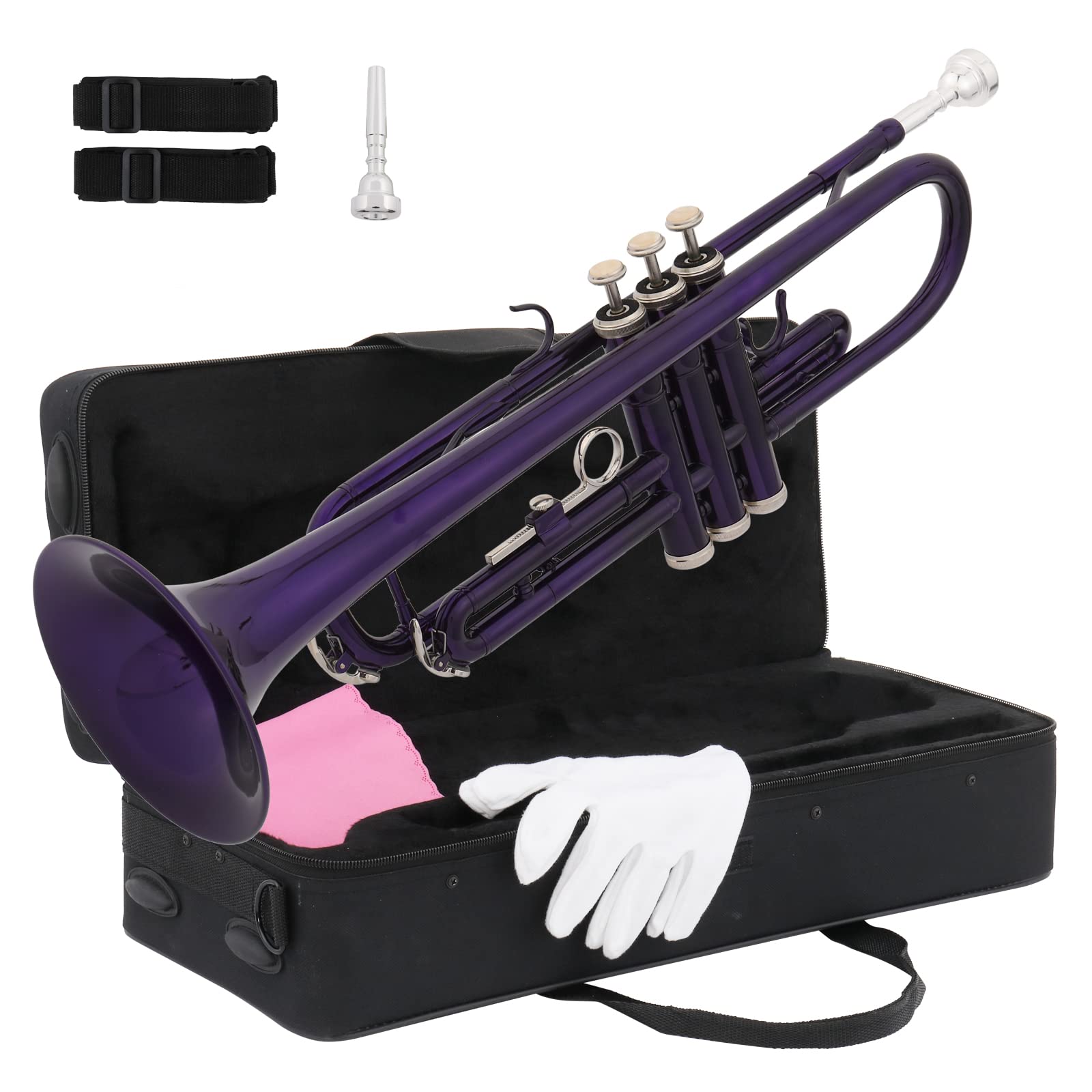 Ktaxon Bb Standard Trumpet for Beginners,Trumpet for Student with Hard Case,7C Mouthpiece,Cleaning Cloth,Gloves,Brass Instruments for Kids and Adults(Gold)