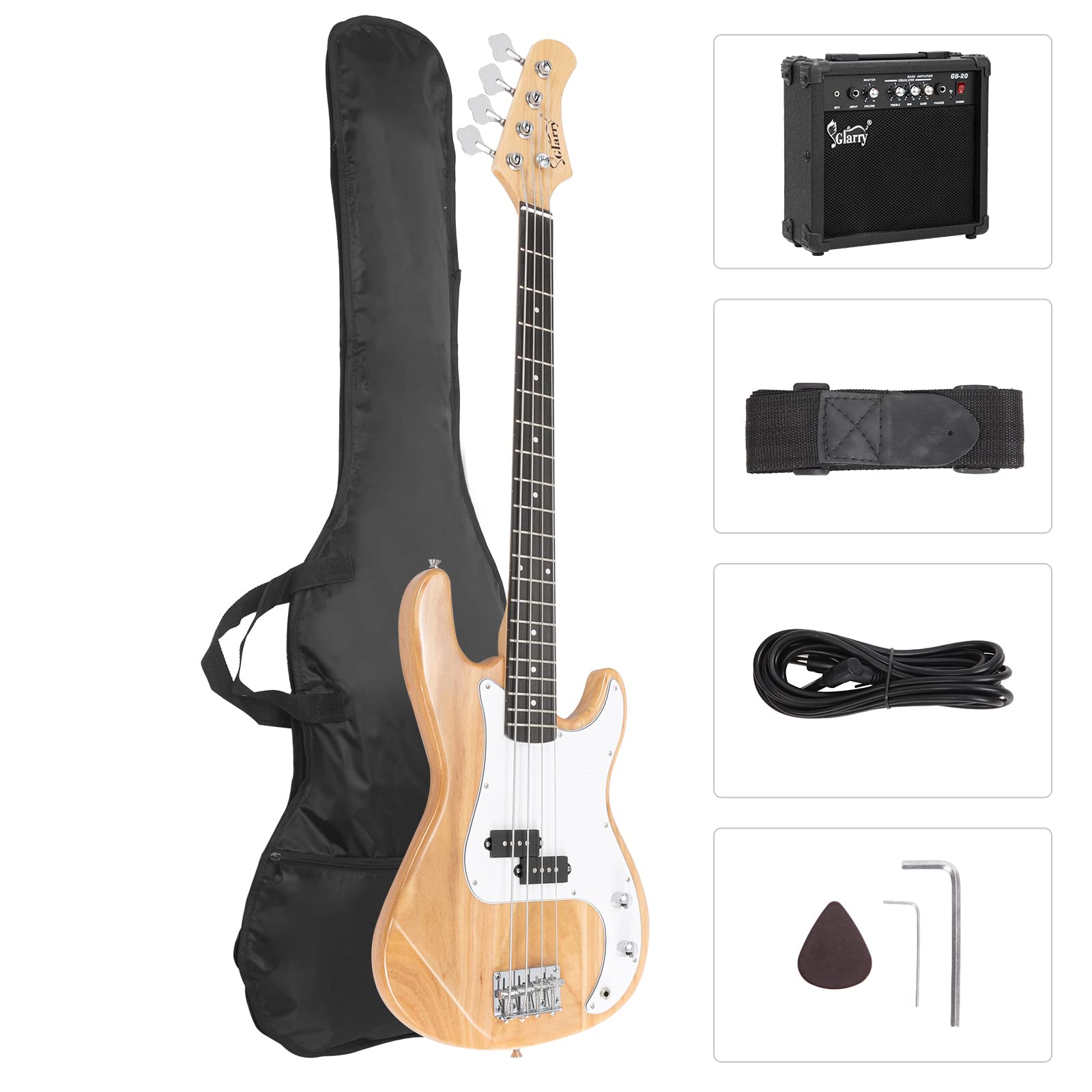 GLARRY Full Size Electric Bass Guitar Beginner Kit 4 String Exquisite Basswood Bass with 20W AMP, Cable, Strap, Bag and Accessories (Black, 39"Right Handed)