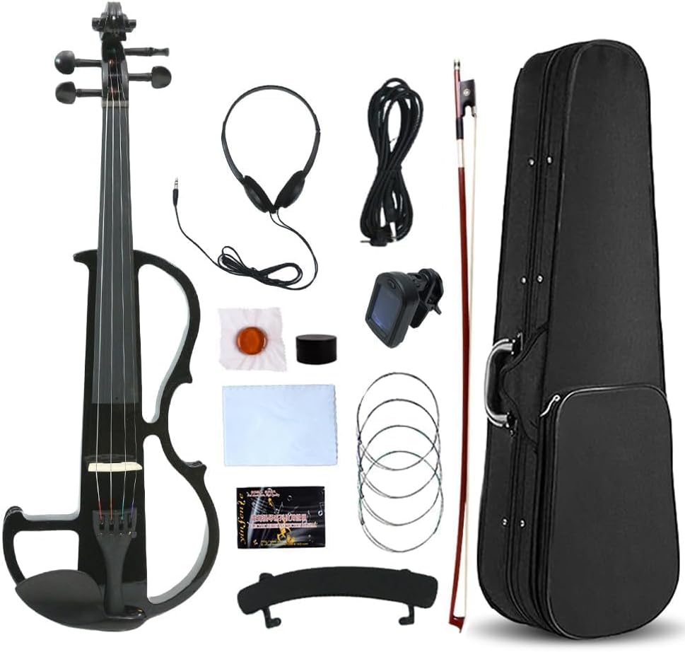 Vetimobato Electric Violin 4/4 Full Size Solid Wood Silent Violin Set for Adults Beginner Practice Electric Fiddle with Ebony Fittings Hard Case & Bow(4 String Black)