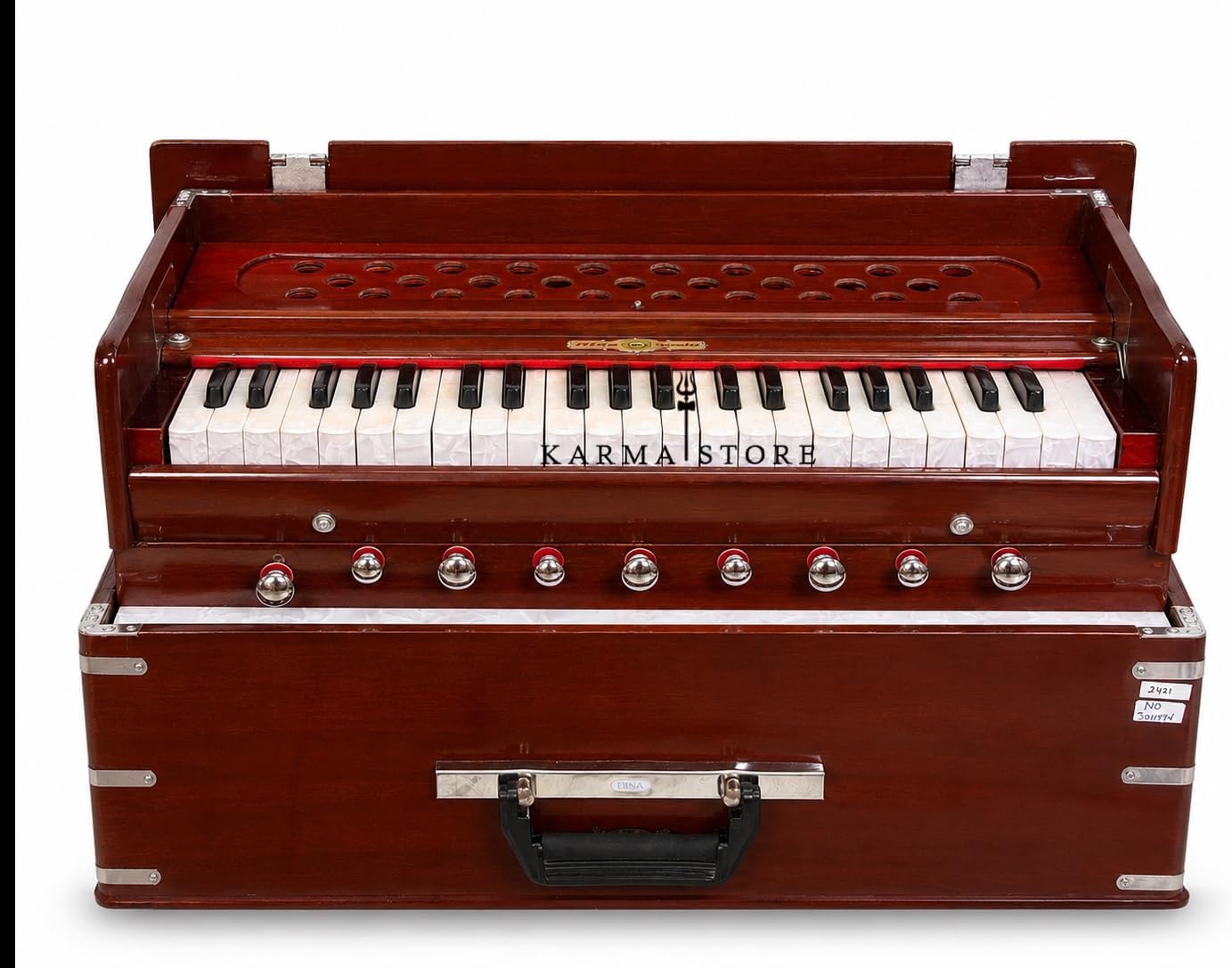 Harmonium Traveler, Portable Folding with 4 Stops, 2½ Octaves, Teak, Wood, 18 x 12 x 7 Inches, 8 KG, Bass-Male Reed, 440 Hz, with Coupler and Gig Bag, Harmonium BINA no. 23B Dx