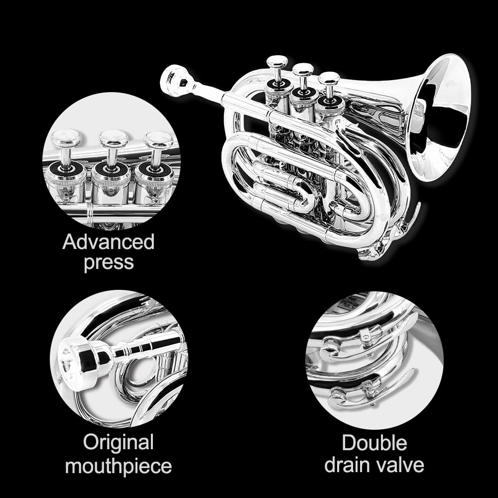 Bb Pocket Trumpet - Brass Pocket Trumpet B Flat Nickel Plated, 7C Mouthpiece, Complete Beginner Kit - Includes Hard Carrying Case, Cleaning Kit, Gloves, golden