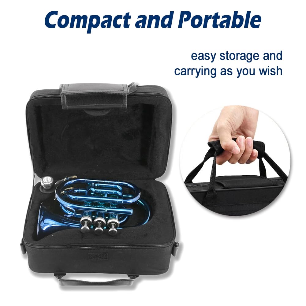 Pocket Trumpet Bb Flat Brass Trumpet for Beginner Student with 7C Mouthpiece Carrying Hard Case Cleaning Cloth Gloves