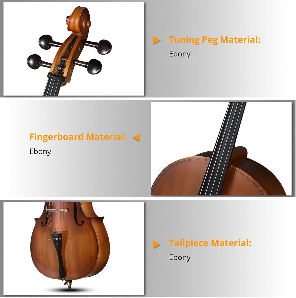 Full Size Acoustic Cello Kit for Adults,Beginners,Complete 4/4 Cello Set with Portable Bag, Bow, Rosin,Matte Natural