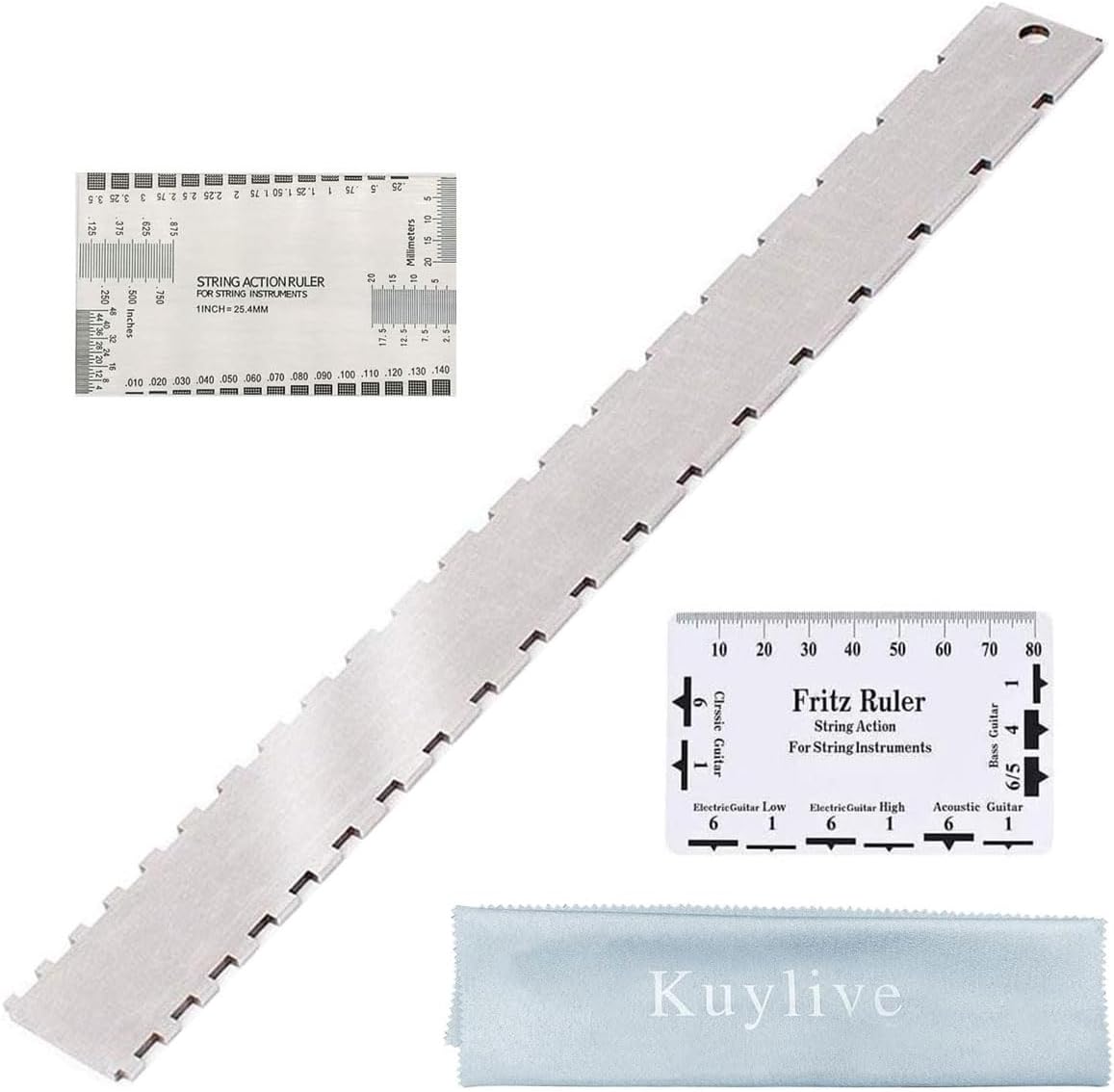 Guitar Neck Notched Straight Edge Luthiers Tool with String Action Ruler Gauge and Fritz Ruler for Gibson Fender and Most Guitar