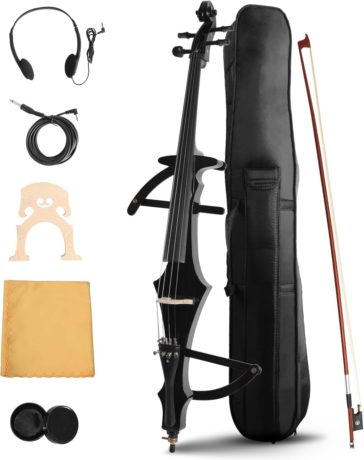 Electric Cello 4/4 Full Size Ebony Fittings with Lightweight Cello Bag, Headphones, Bow, Bridge, Cello for Beginners Adults Student,Metallic Black