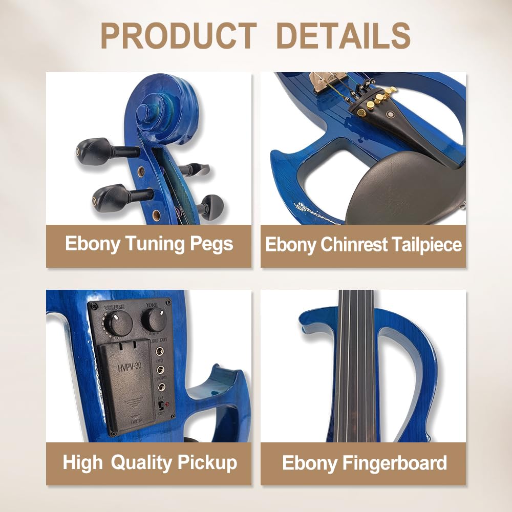 Vetimobato 16 Inch Silent Electric Viola Set- Solidwood Body with Ebony Fittings Metallic Coating Full Viola Set for Beginner Practice Professional Performance and Studio Recording (Blue, 4 String)