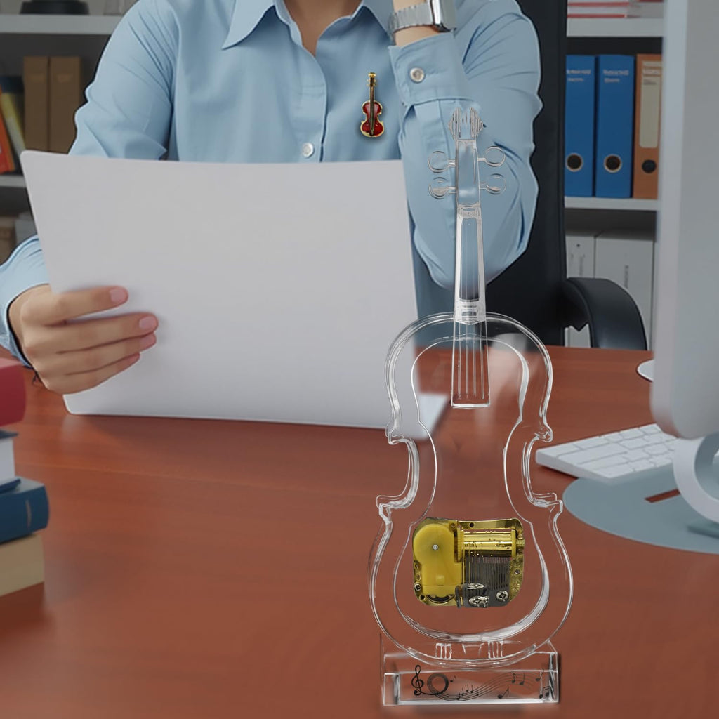 Large - Violin Music Box Mechanical Clockwork Crystal Violin High-End Acrylic Ornament Crystal Craft (Music: Castle in The Sky)