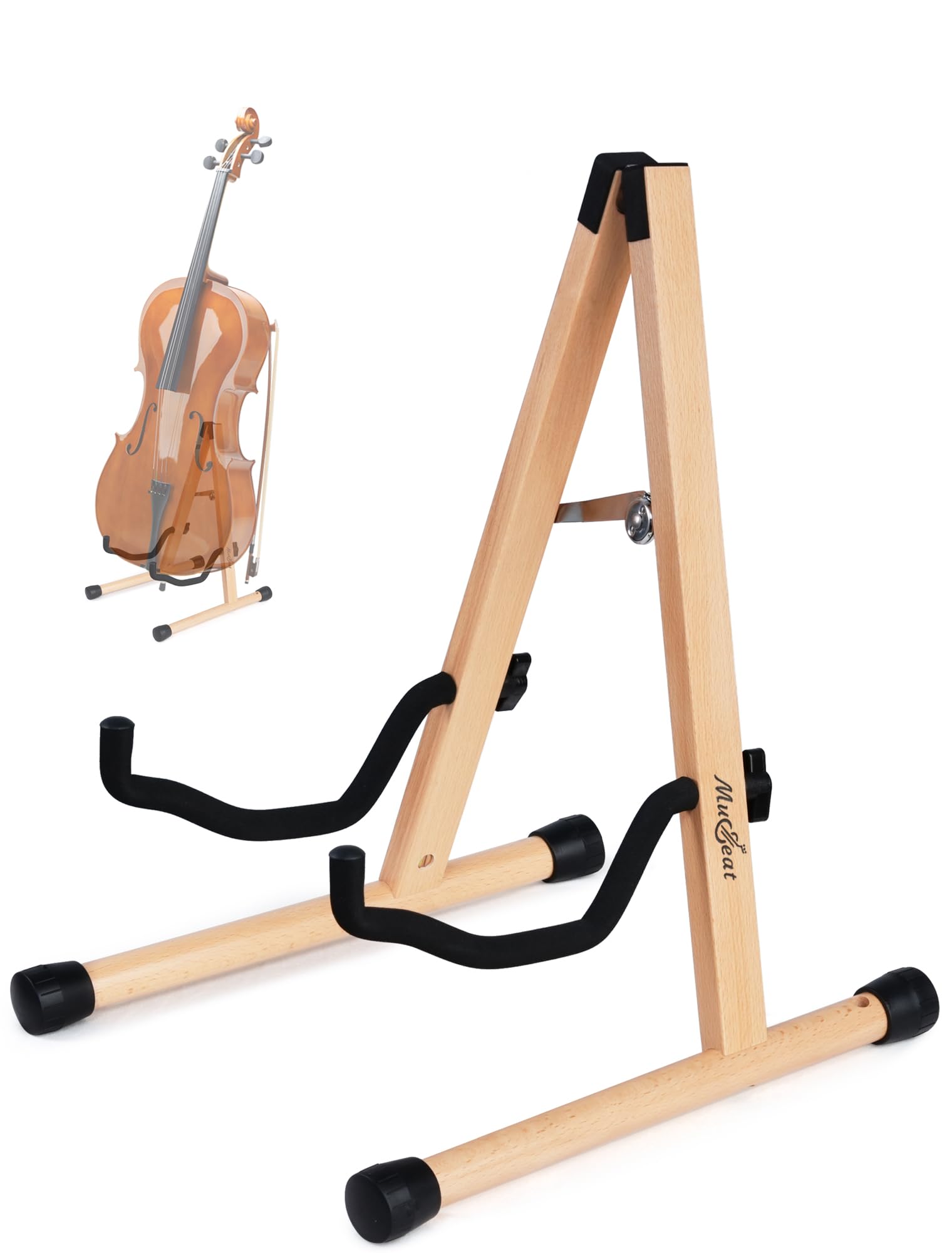 Cello Stand with Bow Holder, Mahogany Wooden A-Shape Floor Stand with Padded Foam, Handcrafted Cello Rack Fits 1/2, 3/4, 7/8, 4/4 Full-Size and Guitar, Instrument Holder for Home and Studio Display