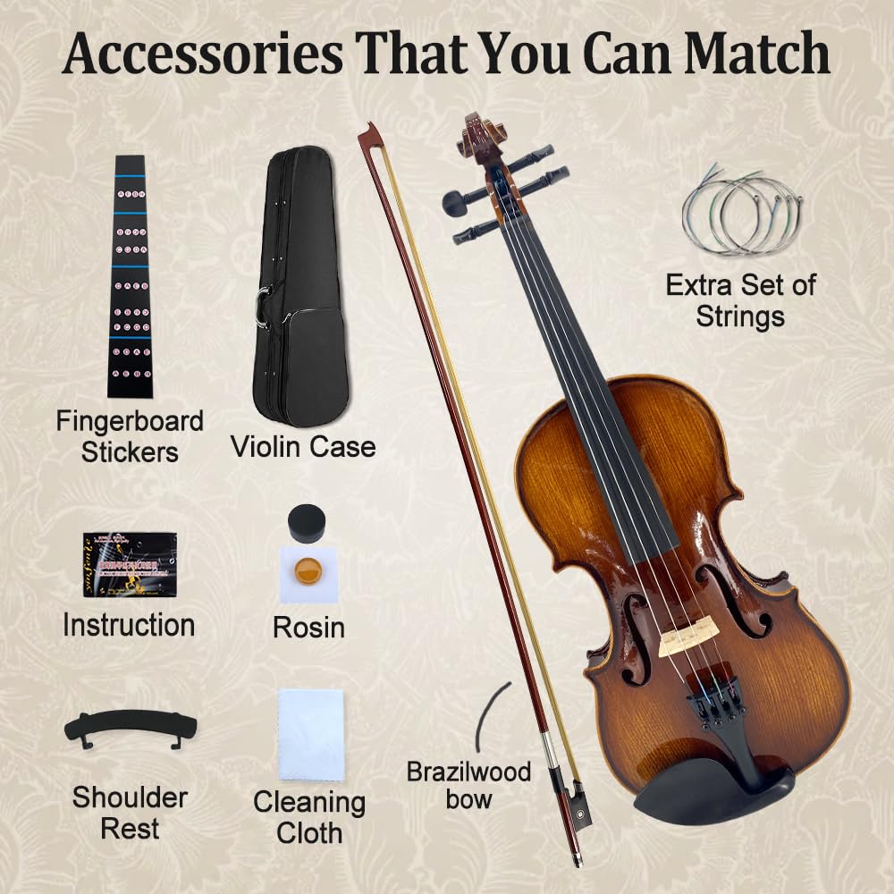 1/2 Violin Set for Beginners Violin Fiddle Set for Beginners with Shoulder Rest Bow Bridge Hard Case and Extra 4strings