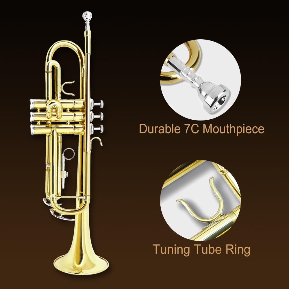 Bb Trumpet for Beginners – Standard B Flat Brass Instrument with 7C Mouthpiece, Hard Case & Cleaning Kit, Student Trumpet for Band Practice, Lessons & Gift (Golden)