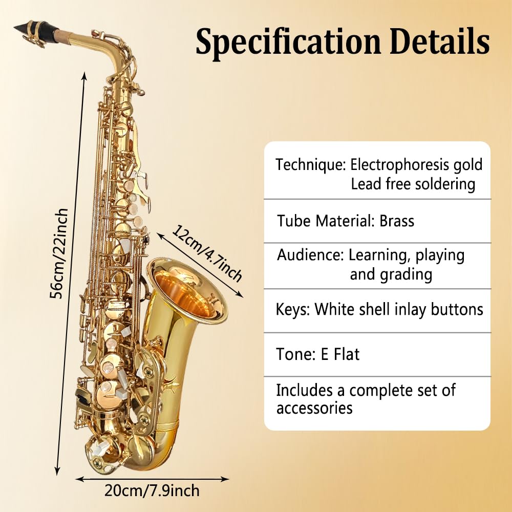 Yinfente Eb Alto Saxophone For Beginners Adult,Saxophone Student,E Flat Alto Sax Full Kit With Reeds,Pads Cushions,Hard Carrying Case,Cleaning Cloth & Rod,Mouthpiece,Gloves,Neck Strap Gold