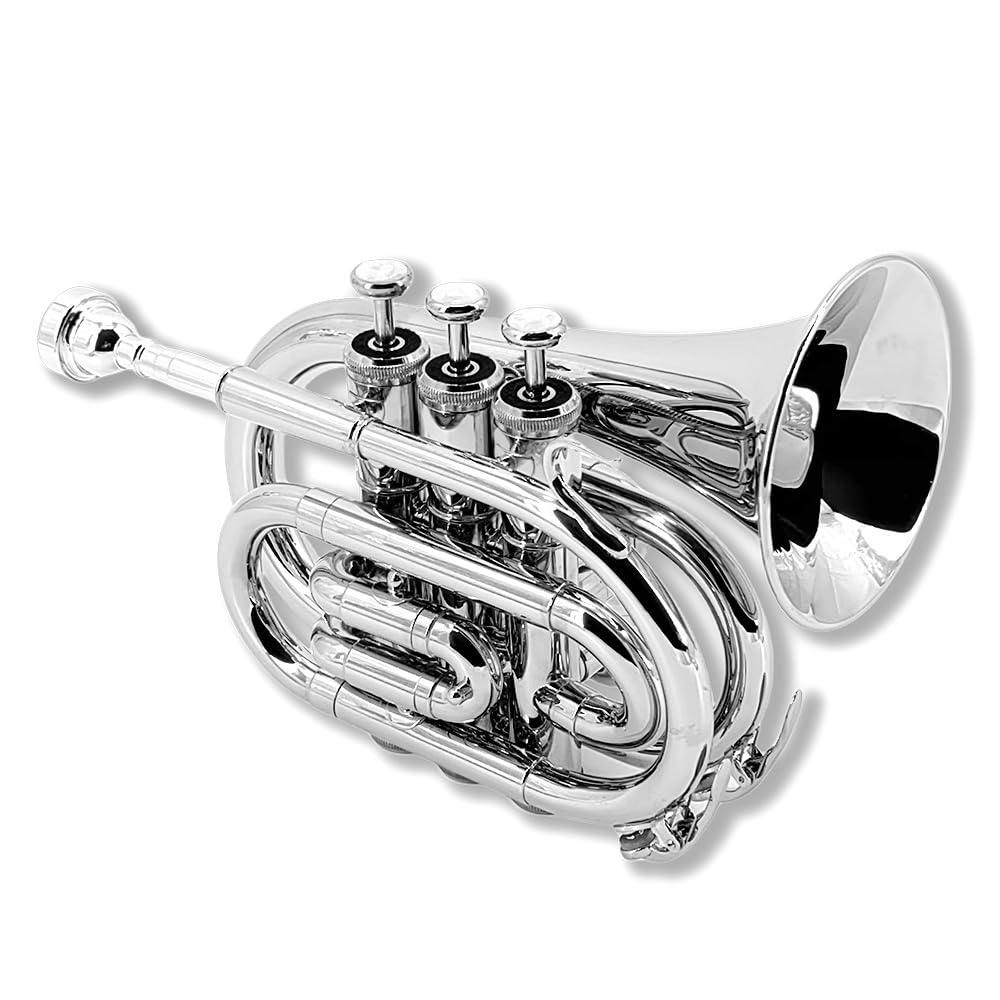 Pocket Trumpet Bb Flat Brass Trumpet for Beginner Student with 7C Mouthpiece Carrying Hard Case Cleaning Cloth Gloves