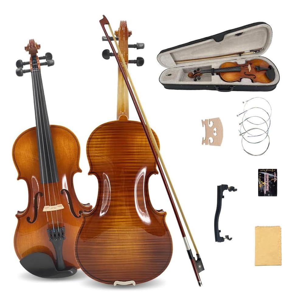 4/4 Violin for Beginners & Adults, Full Size Solid Wood Acoustic Violin with Flamed Back, Case, Bow,Shoulder Rest & Accessories Glossy Finish