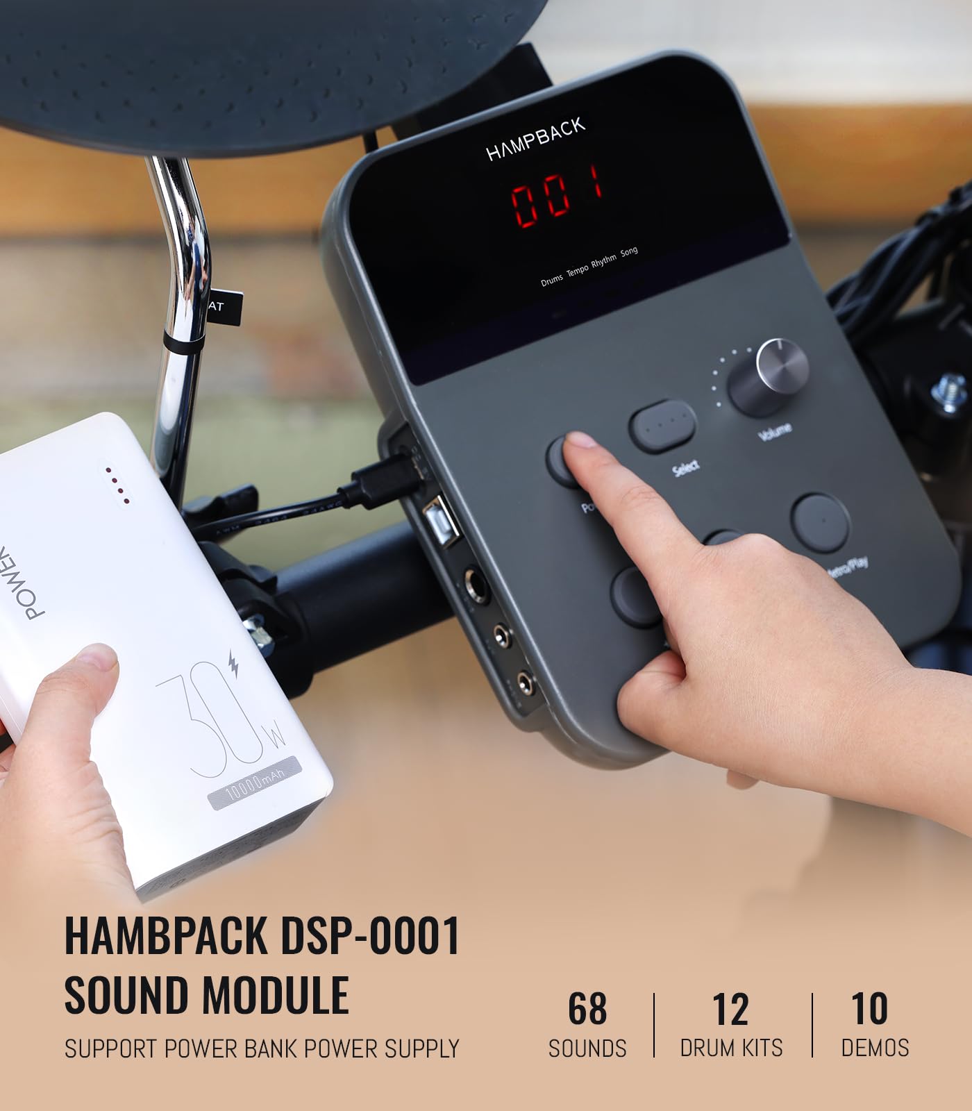HAMPBACK MK-0 Electric Drum Set with 7'' Quiet Mesh Drum Pads, 8'' Full Rubber Cymbals, 12 Kits and 68 Authentic Sounds, USB MIDI, Throne, Sticks, Headphone, 2 Switch Pedals for Beginners & Kids
