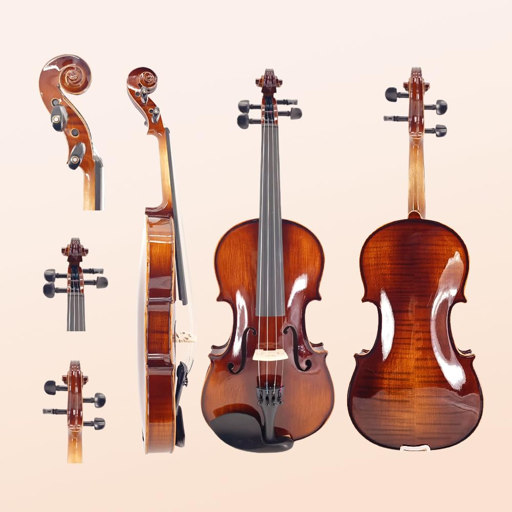 Vetimobato Handmade 4/4 Full Size Violin Set - Solid Spruce Top Flame Maple Back & Sides Ebony Fittings Complete Kit with Case Bow Shoulder Rest Strings for Beginners to Intermediate Players(4/4)
