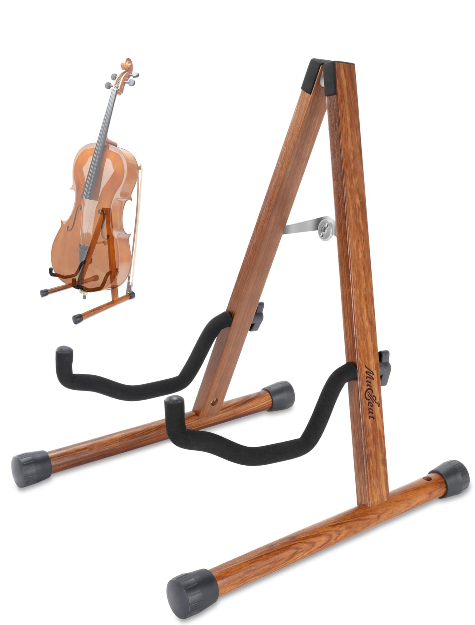 Cello Stand with Bow Holder, Mahogany Wooden A-Shape Floor Stand with Padded Foam, Handcrafted Cello Rack Fits 1/2, 3/4, 7/8, 4/4 Full-Size and Guitar, Instrument Holder for Home and Studio Display