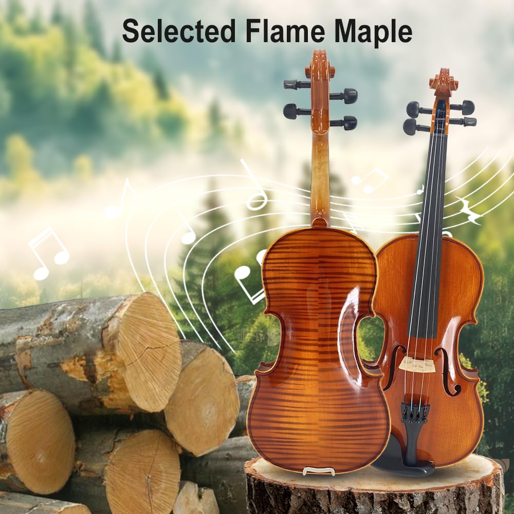 Vetimobato Handmade 4/4 Full Size Violin Set - One-piece Flame Back Maple Neck Solid Wood Fittings Complete Kit with Case Bow Shoulder Rest Strings for Beginners to Intermediate Players (4/4)