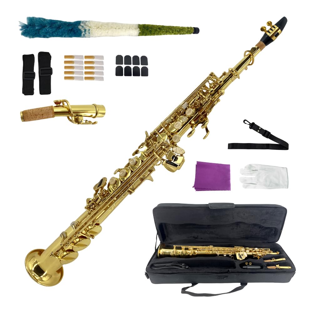 Straight Soprano Saxophone Bb B Flat Sax with Case, Mouthpiece,Reeds & Accessories Brass Woodwind Instrument for Beginners,Adults & Advanced Players