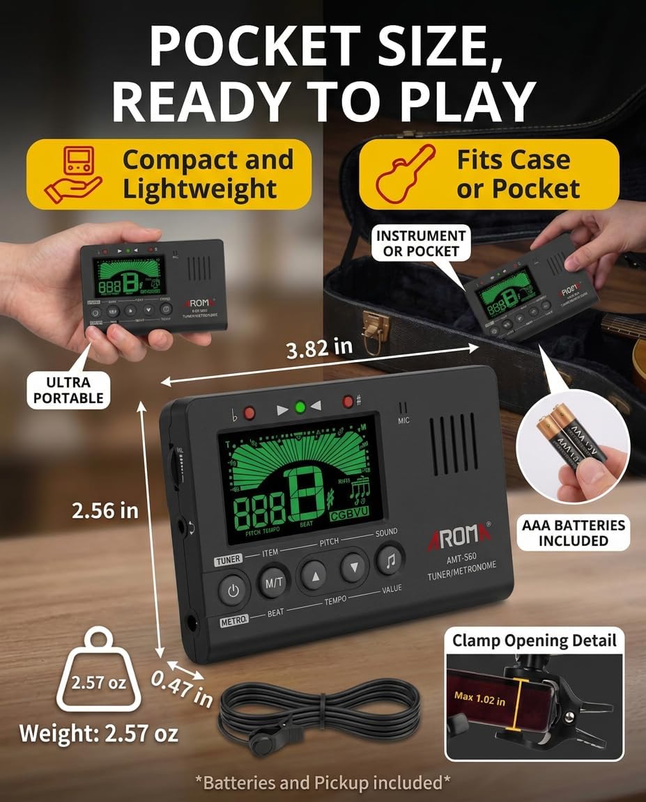 Ulumac Aroma 3-in-1 Digital Metronome Tuner for Guitar, Bass, Violin, Piano | For All Instruments - Ukulele, Trumpet, Flute, Clarinet - Accurate Chromatic Tuner, Tone Generator, Easy to Use, Pocket Size