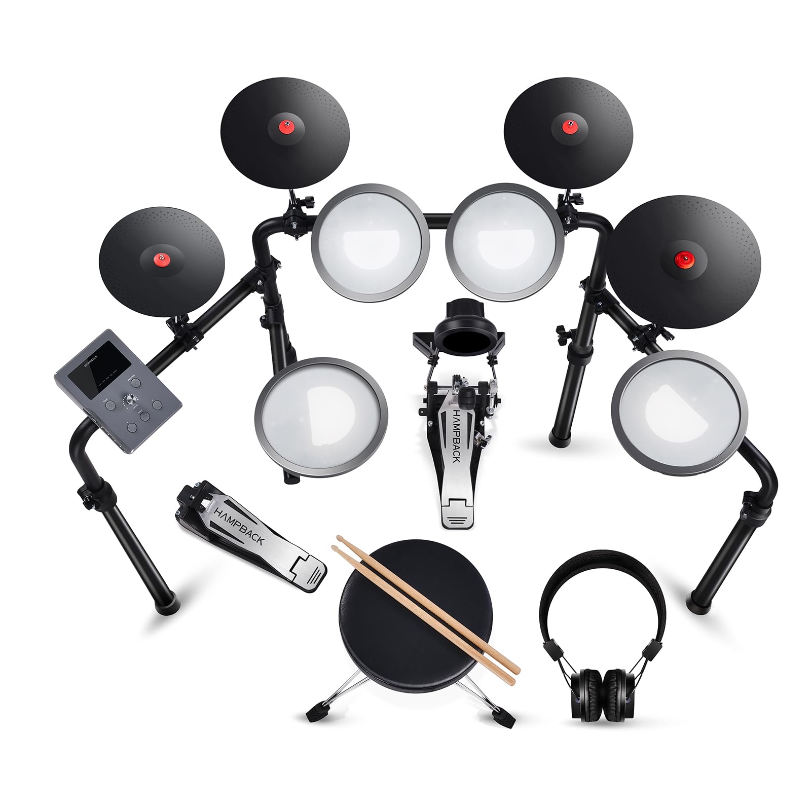 HAMPBACK MK-0 Electric Drum Set with 7'' Quiet Mesh Drum Pads, 8'' Full Rubber Cymbals, 12 Kits and 68 Authentic Sounds, USB MIDI, Throne, Sticks, Headphone, 2 Switch Pedals for Beginners & Kids