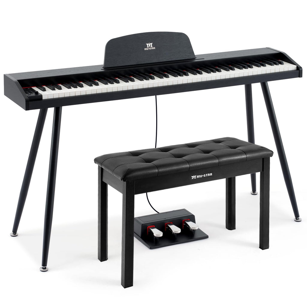 MUSTAR 88 Key Piano Keyboard with Piano Bench, Digital Piano 88 Semi Weighted Keys, Portable Electric Piano with Storage Stool, 3 Pedals, Built-In Speakers, USB/MIDI, Black