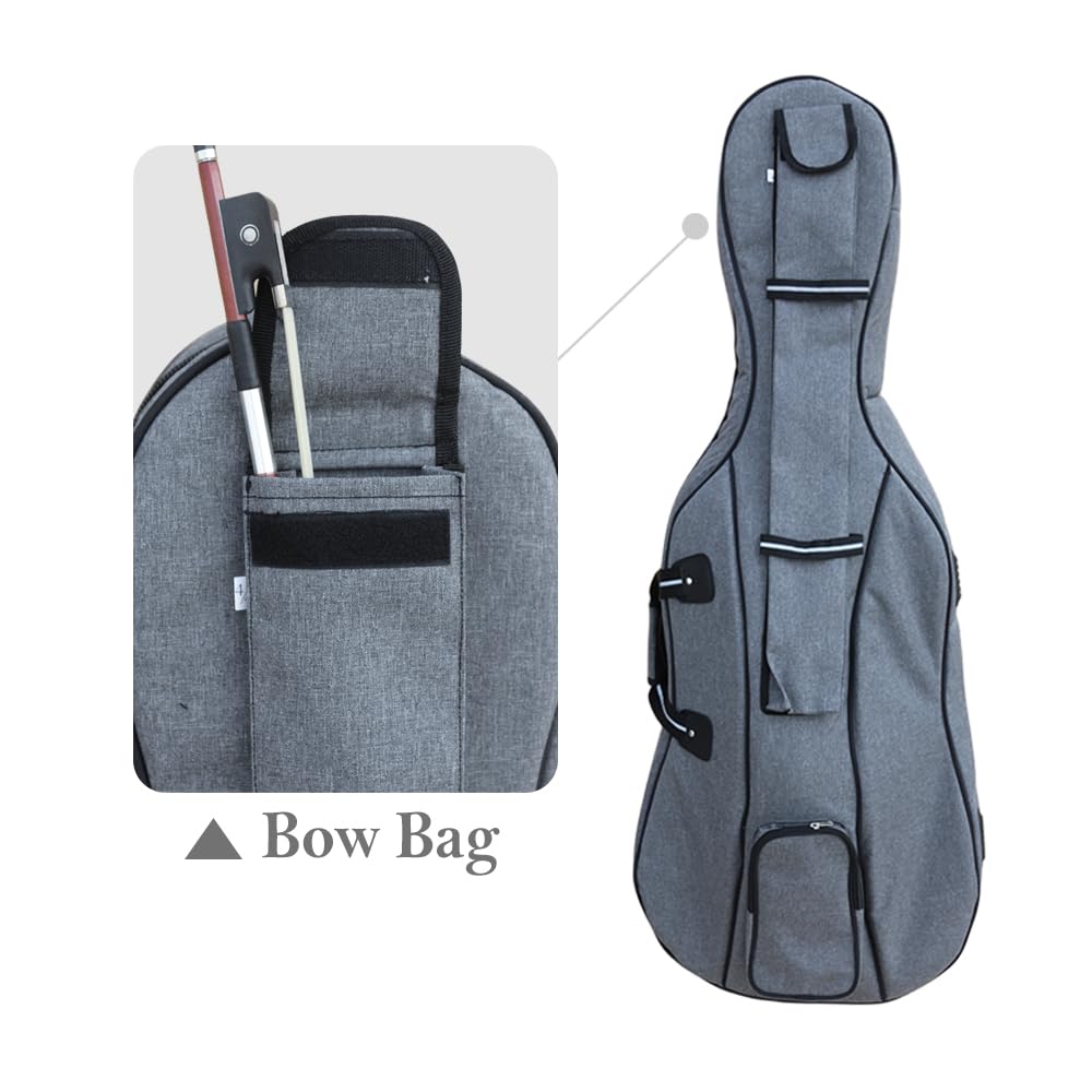 Lightweight 4/4 Cello Case Gig Bag with Padded Backpack Straps,Heavy Duty Waterroof for Classic Electric Cello with Double Handles & Accessory Pockets (gray)