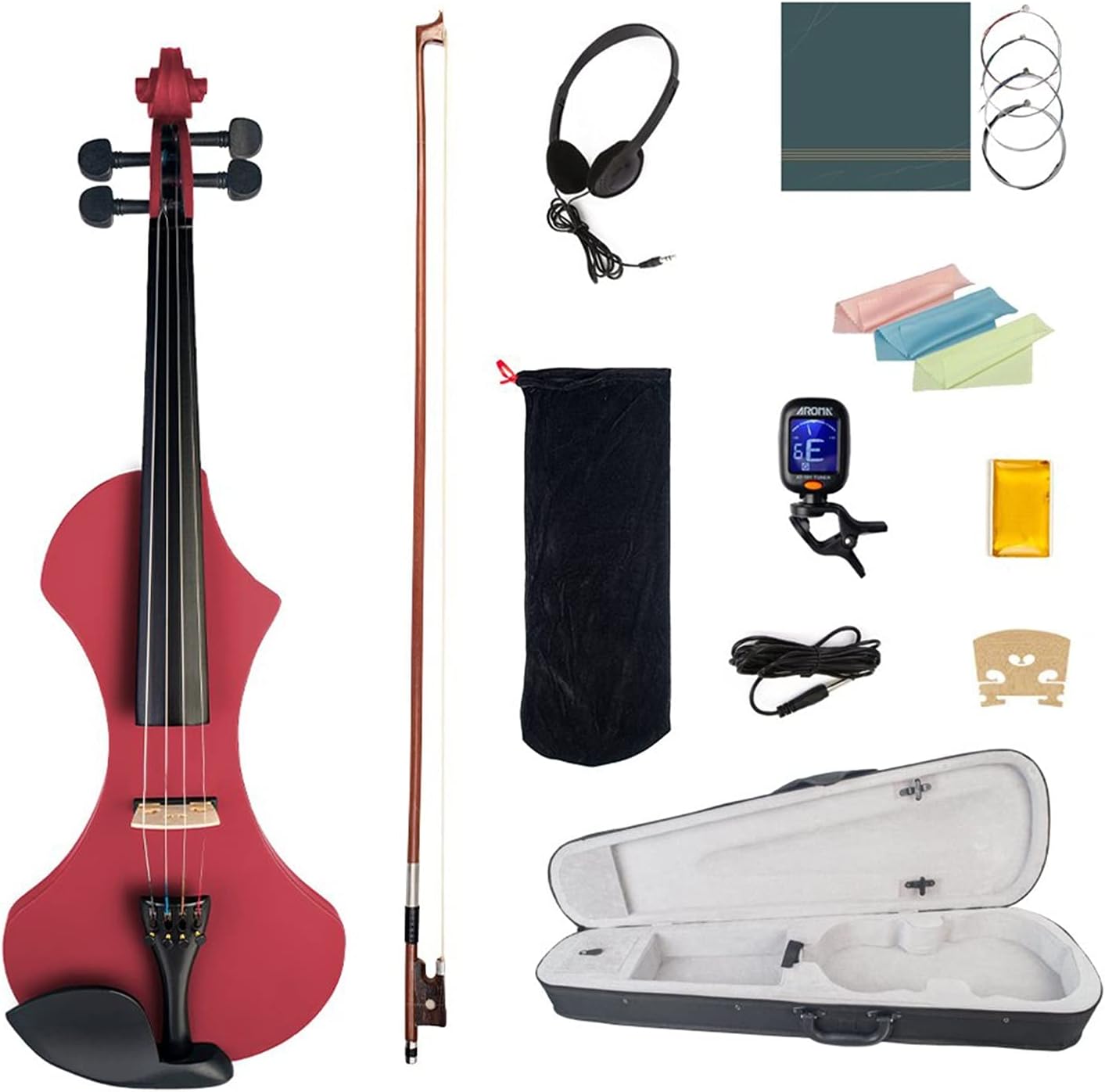 Cello Kit Electric Violin 4/4 Full Size Solid Wood Silent Violin Set W/Carrying Case+Audio Cable+Extra Strings+Tuner+Bridge+Rosin Violin