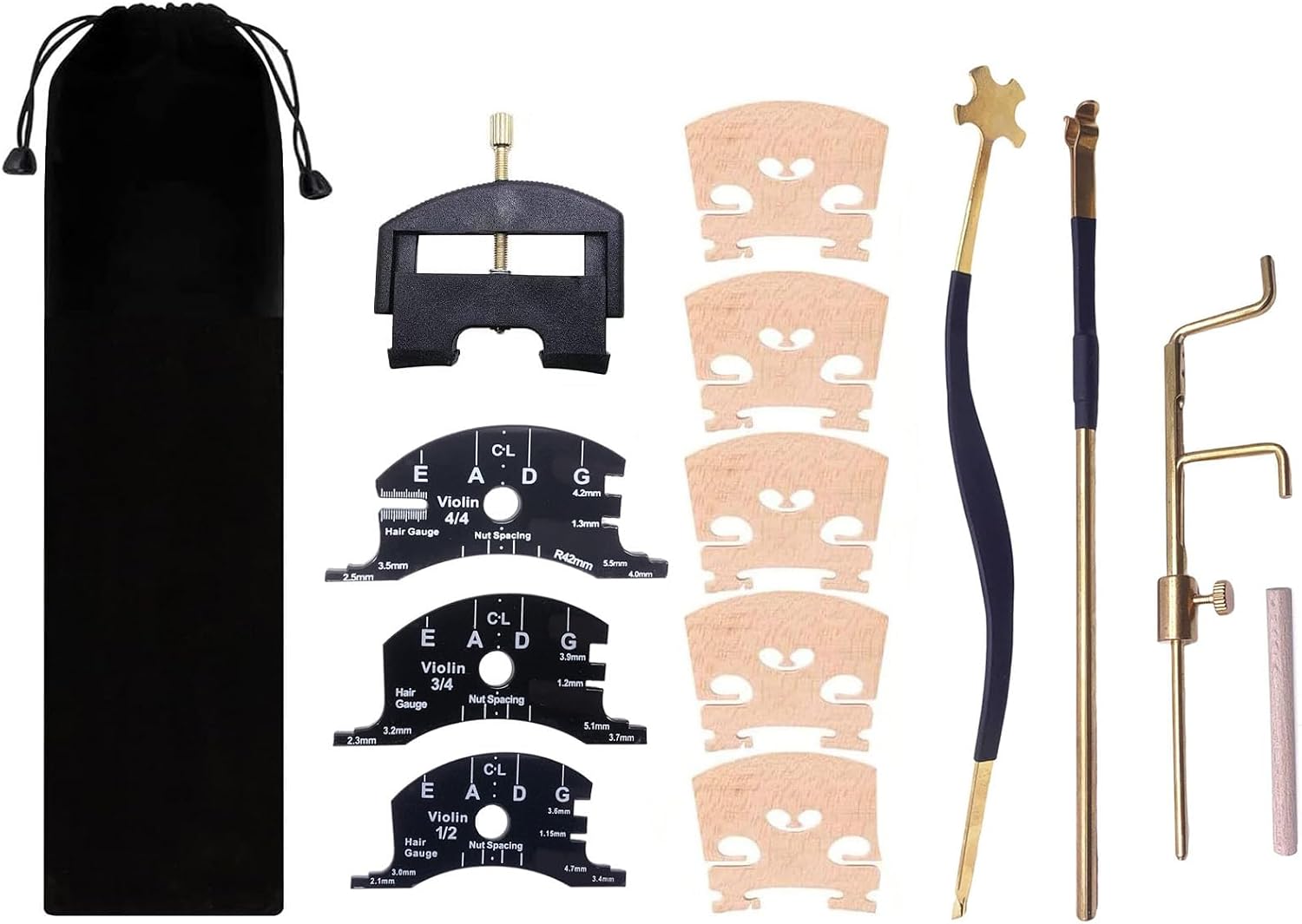 14 Pieces Violin Luthier Install Repair Tool Kit with Template Gauge, String Lifter, Maple Bridge, Sound Post Gauge, Retriever Clip, Setter, Velvet Storage Bag Violin Parts & Accessories