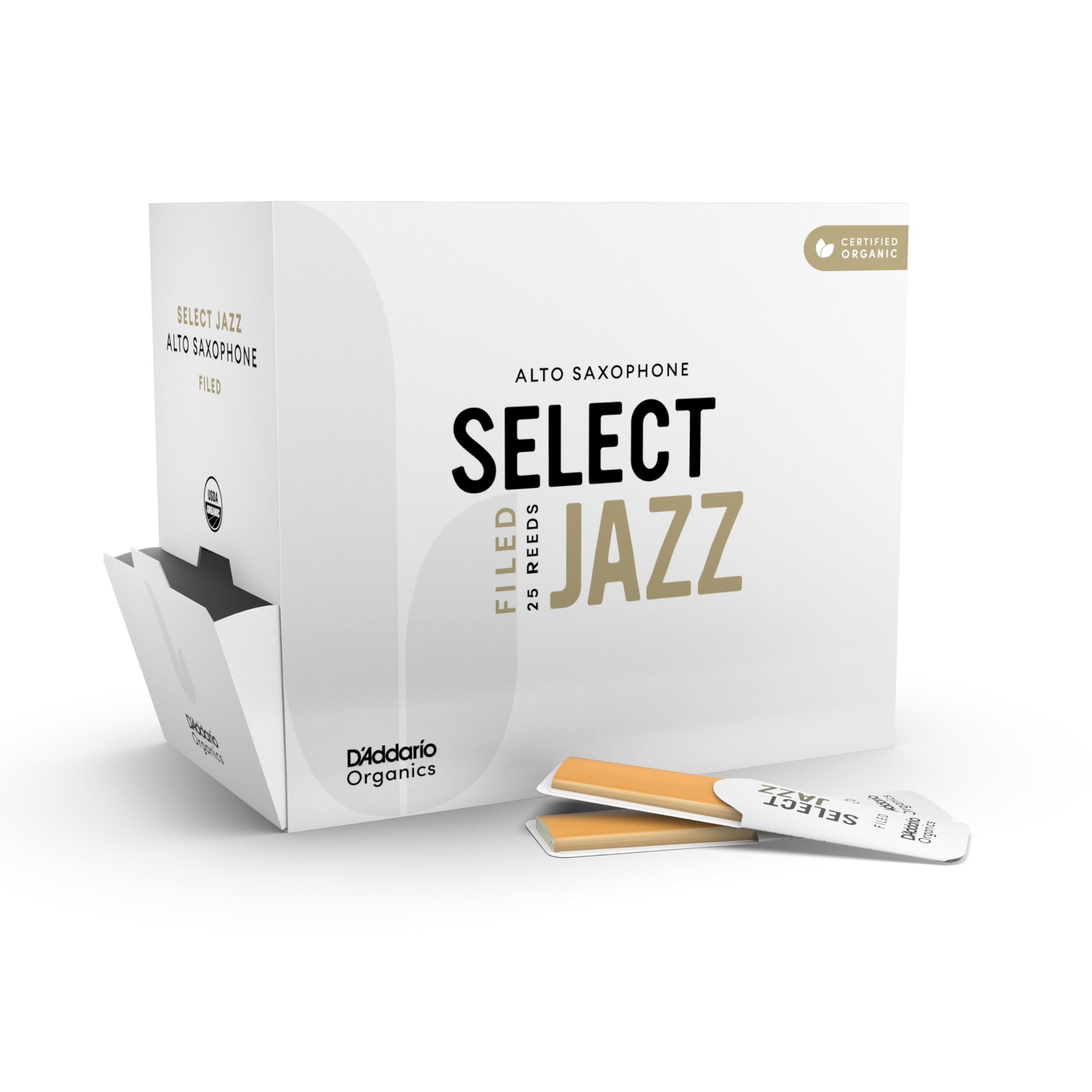 D'Addario Organic Select Jazz Filed Alto Saxophone Reeds - Sax Reeds - Individually Sealed - 3 Soft, 10 Pack
