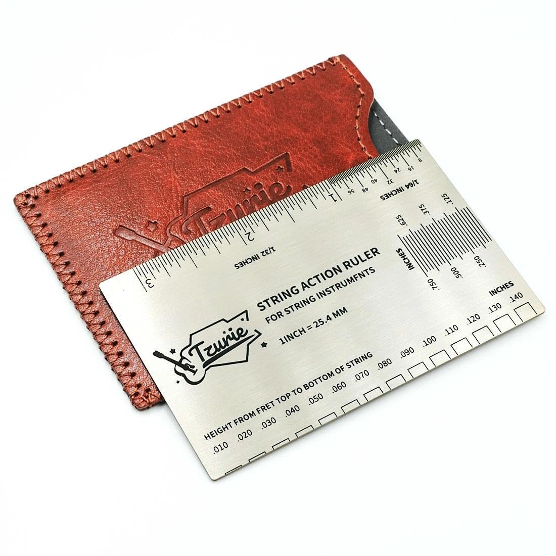 Guitar String Action Gauge, Stainless Steel Pocket Size Tool with Travel Case, for Measuring Guitar String Height Gauge Ruler (Brown)
